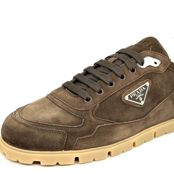 PRADA Mens Trail Triangle Logo Suede Lace Up Low Top Sneakers Shoes Moro - Picture 7 of 15